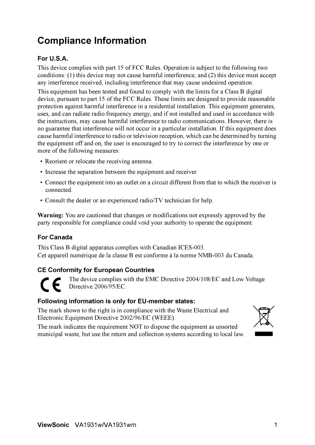 ViewSonic VA1931WM warranty Compliance Information, For U.S.A, For Canada, CE Conformity for European Countries 