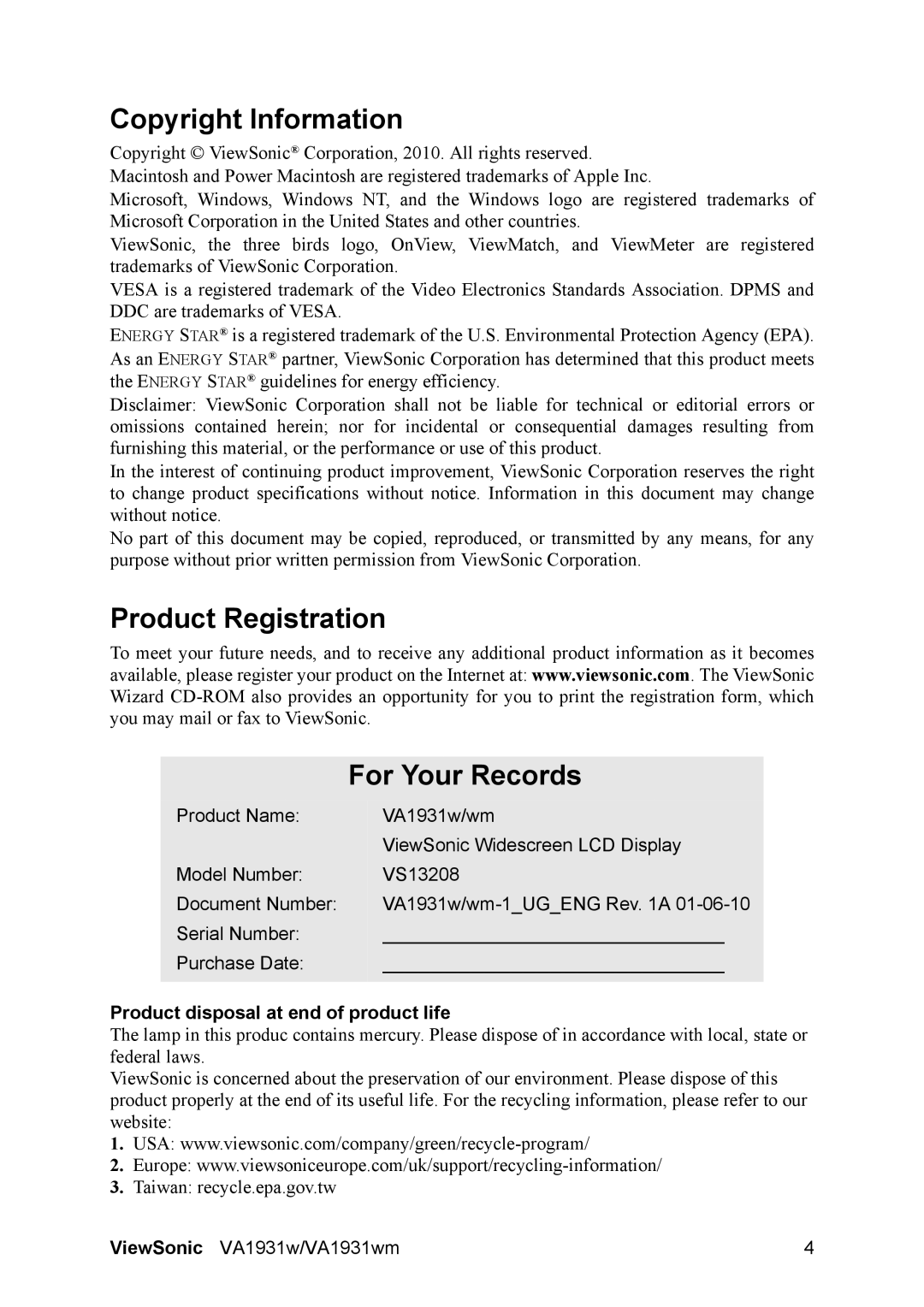 ViewSonic VA1931WM Copyright Information, Product Registration For Your Records, Product disposal at end of product life 