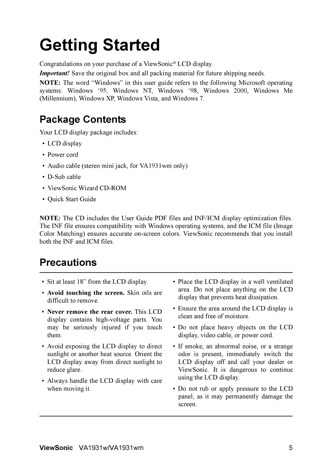 ViewSonic VA1931WM warranty Package Contents, Precautions 