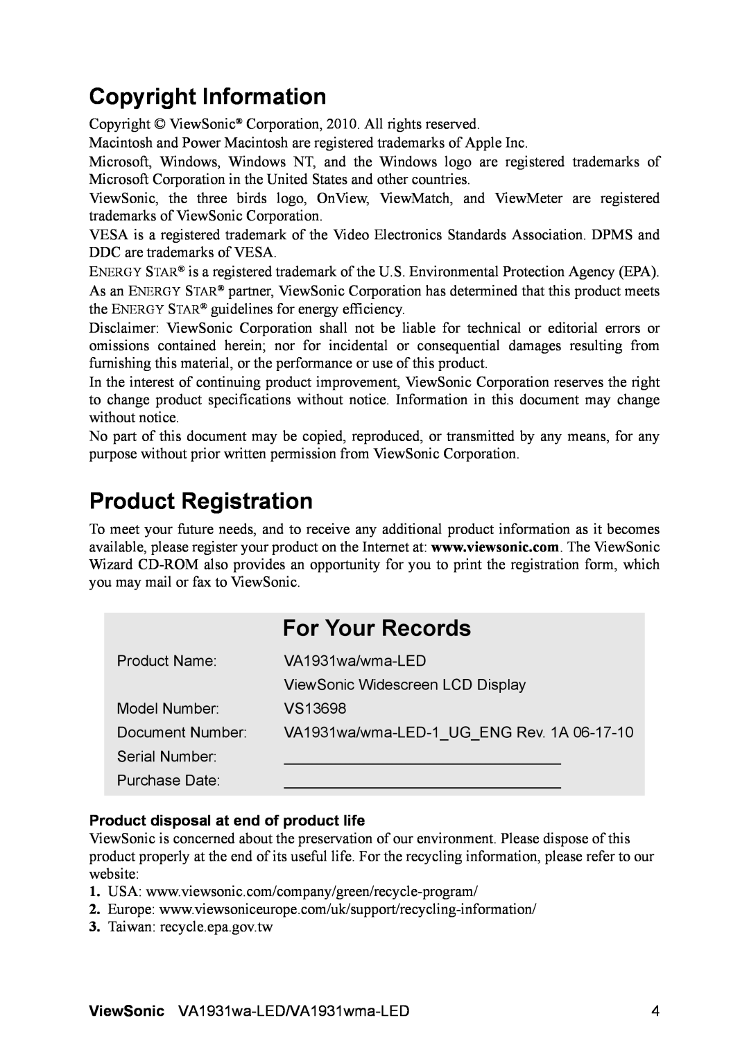 ViewSonic VS13698 Copyright Information, Product Registration, For Your Records, Product disposal at end of product life 