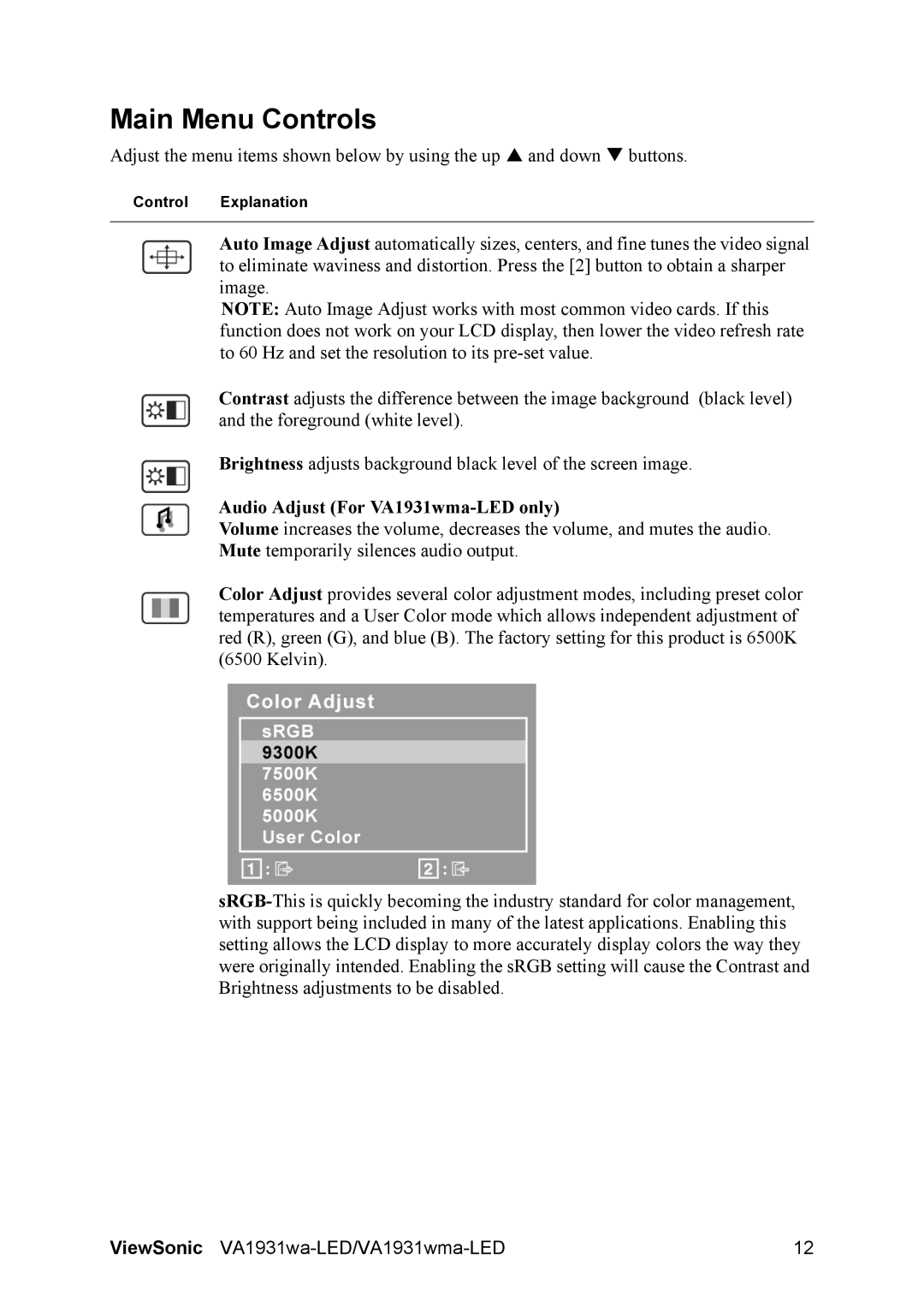 ViewSonic VS13698, VA1931WMA-LED warranty Main Menu Controls, Audio Adjust For VA1931wma-LED only 