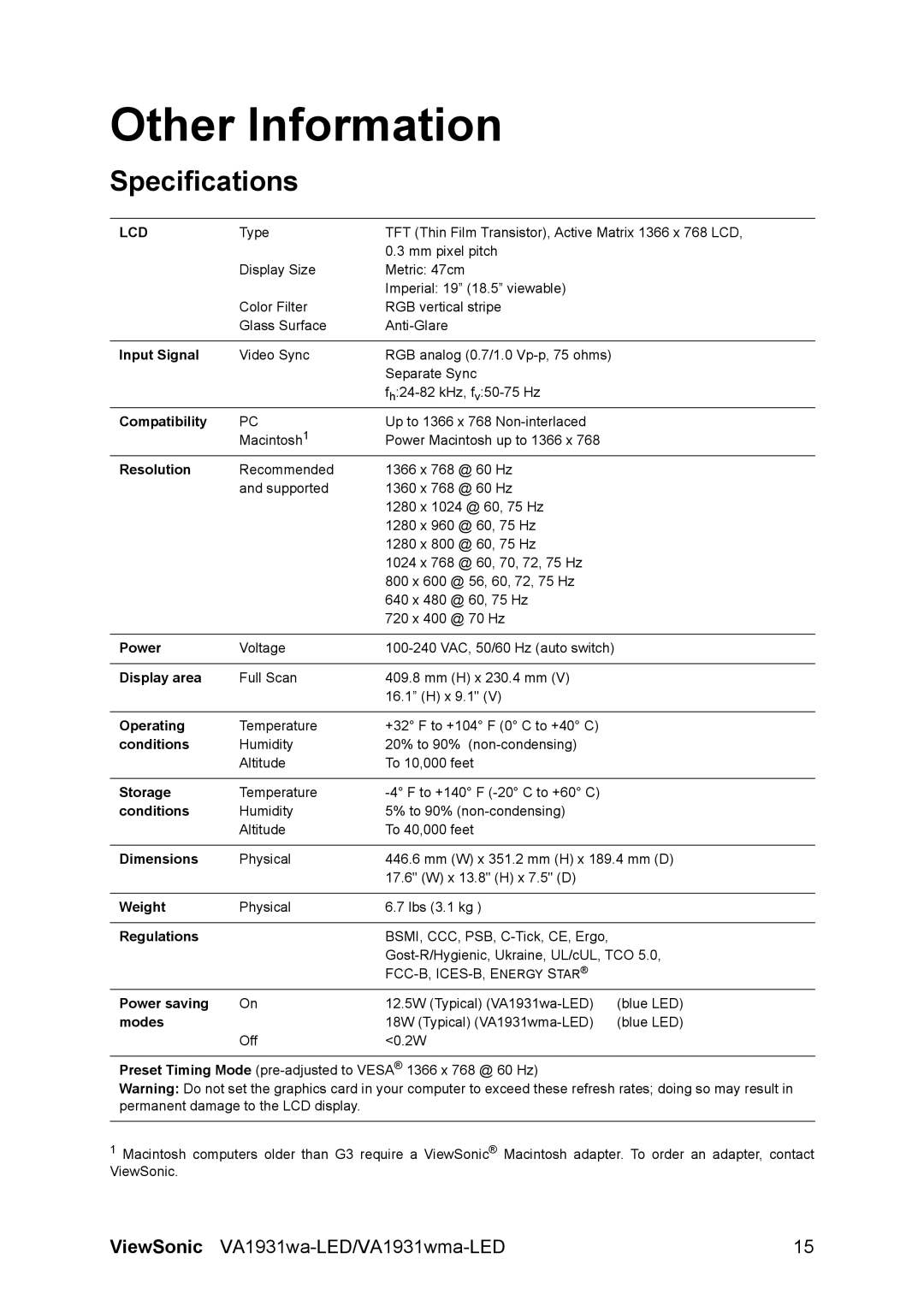 ViewSonic VA1931WMA-LED, VS13698 warranty Other Information, Specifications 