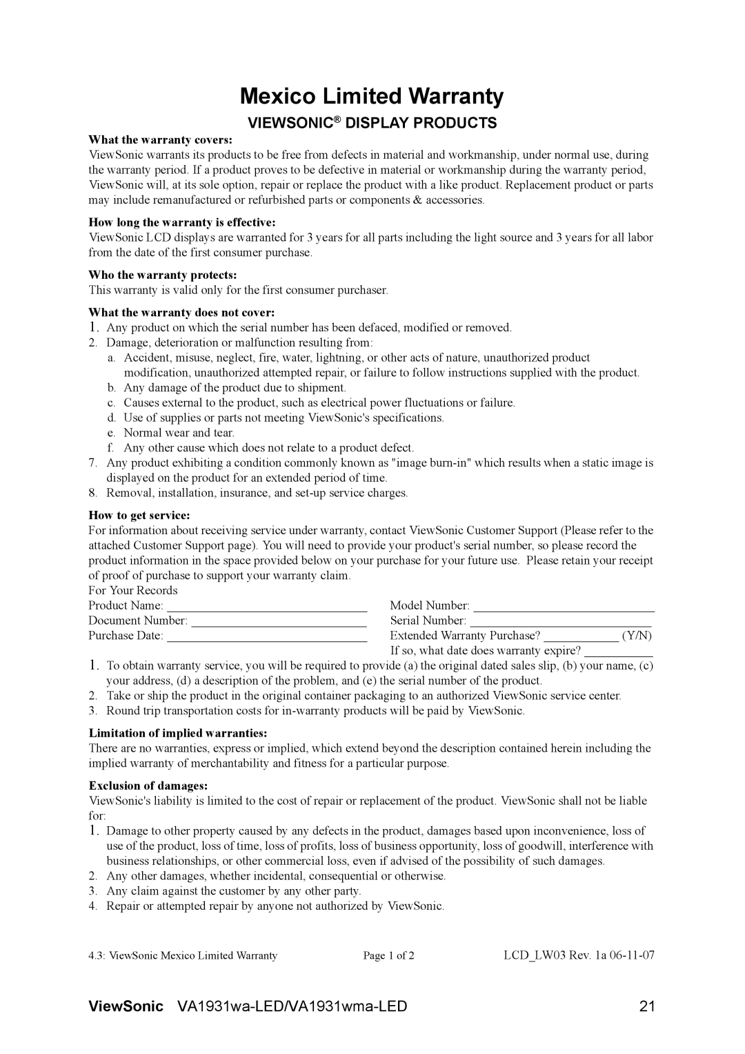 ViewSonic VA1931WMA-LED, VS13698 warranty Mexico Limited Warranty, Viewsonic Display Products 