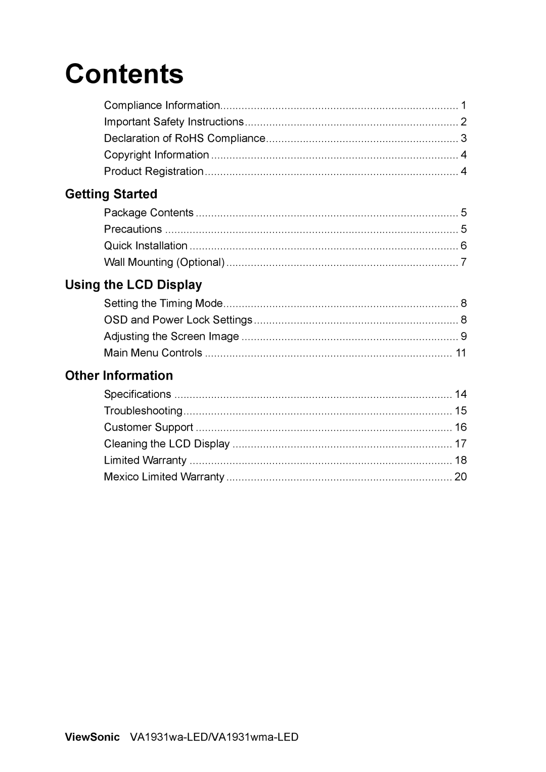 ViewSonic VS13698, VA1931WMA-LED warranty Contents 