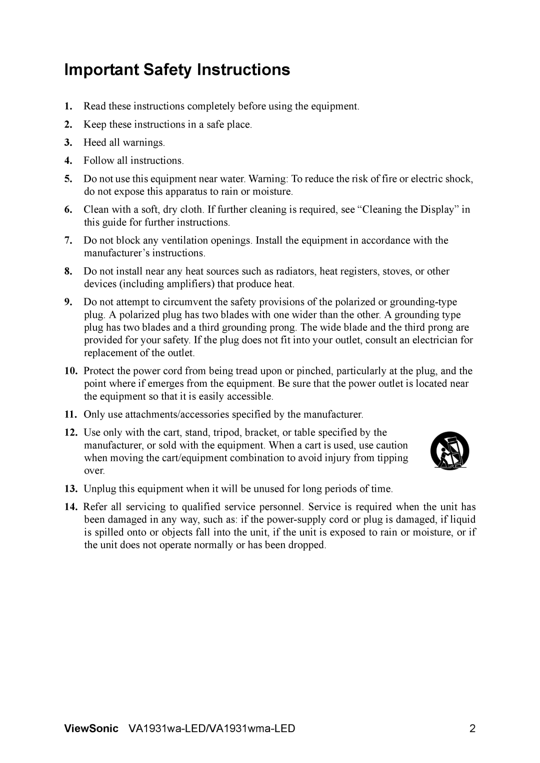 ViewSonic VS13698, VA1931WMA-LED warranty Important Safety Instructions 