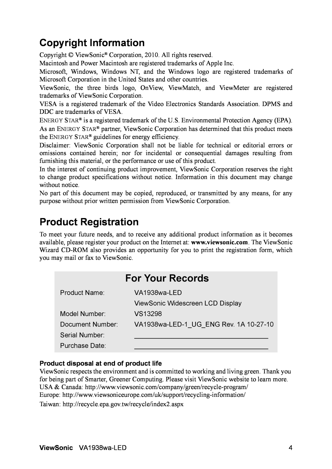 ViewSonic VA1938WA-LED warranty Copyright Information, Product Registration, For Your Records 