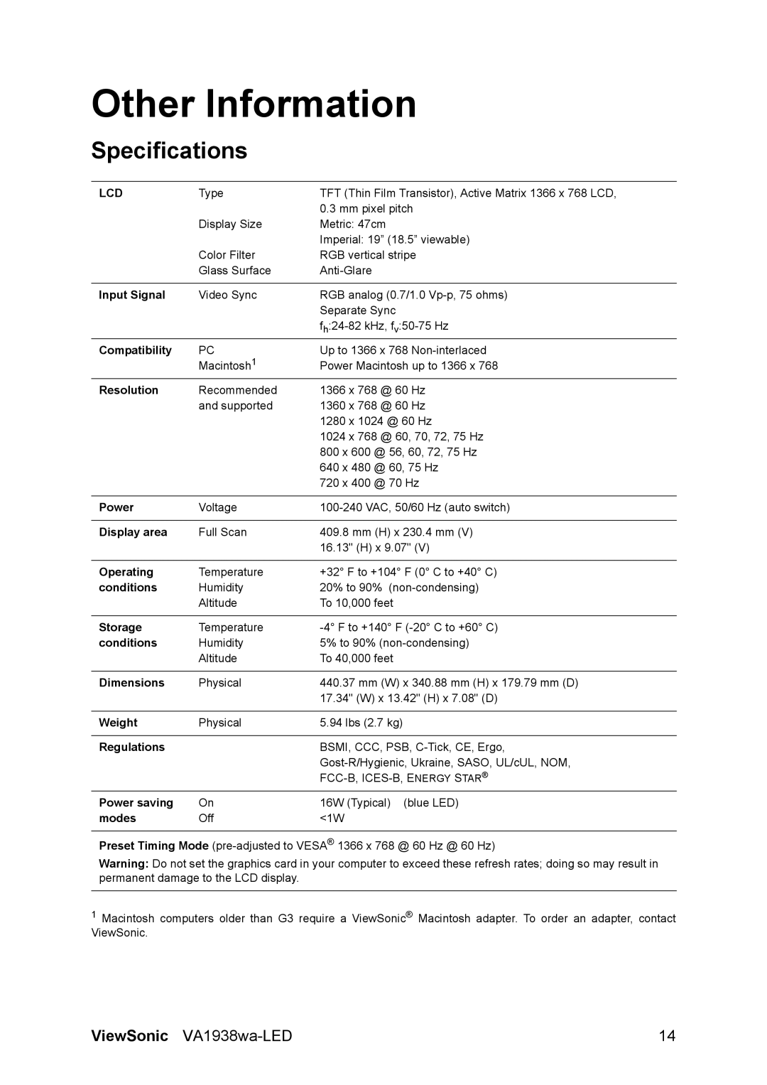 ViewSonic VA1938WA-LED warranty Other Information, Specifications 