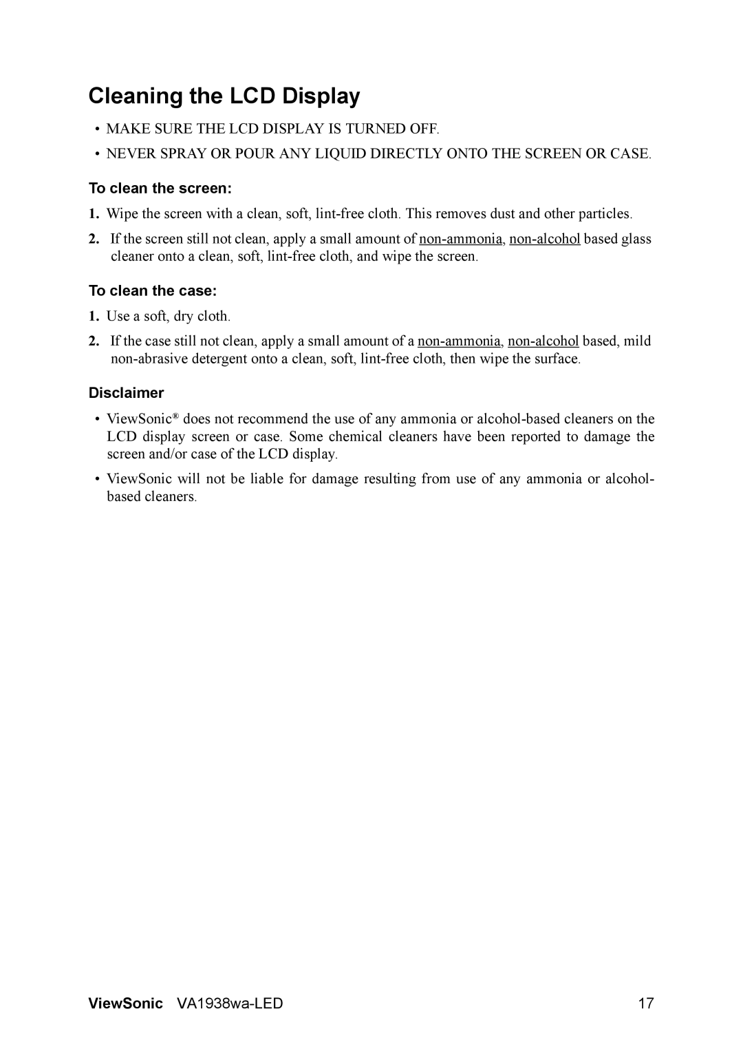 ViewSonic VA1938WA-LED warranty Cleaning the LCD Display, To clean the screen, To clean the case, Disclaimer 