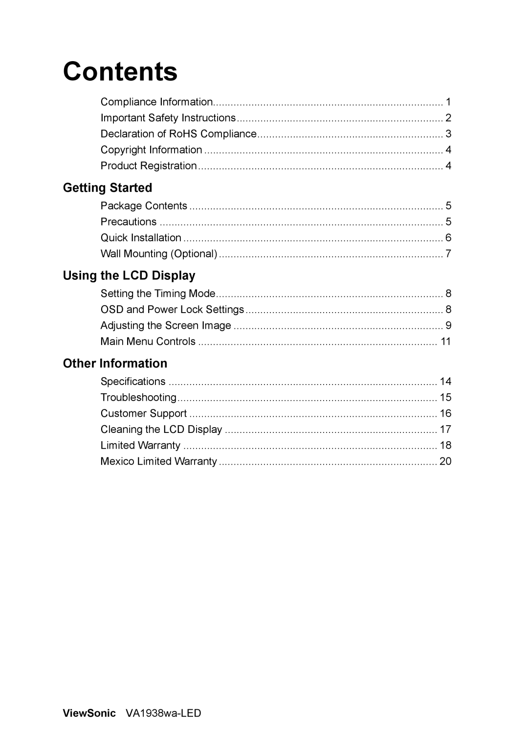 ViewSonic VA1938WA-LED warranty Contents 