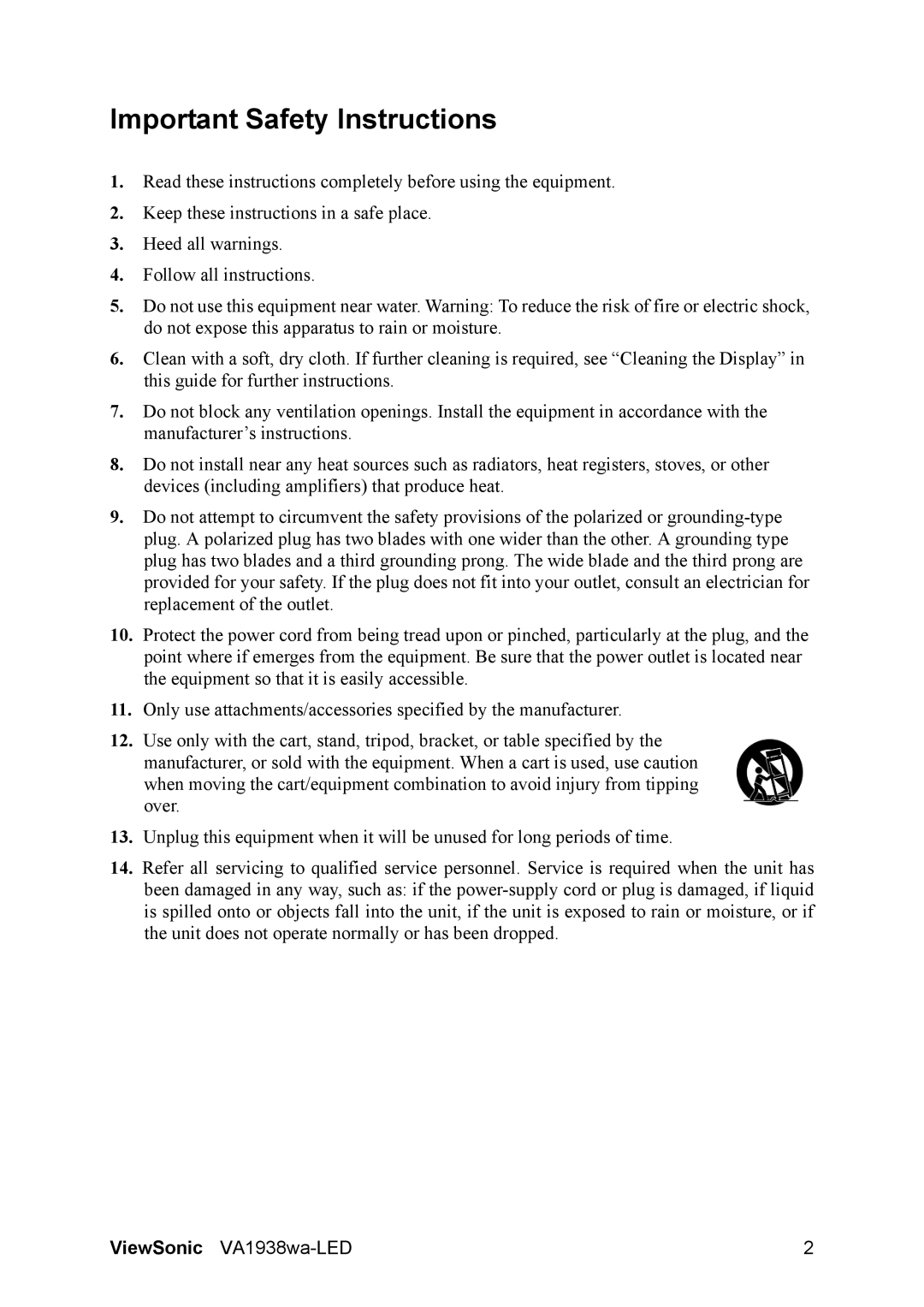 ViewSonic VA1938WA-LED warranty Important Safety Instructions 