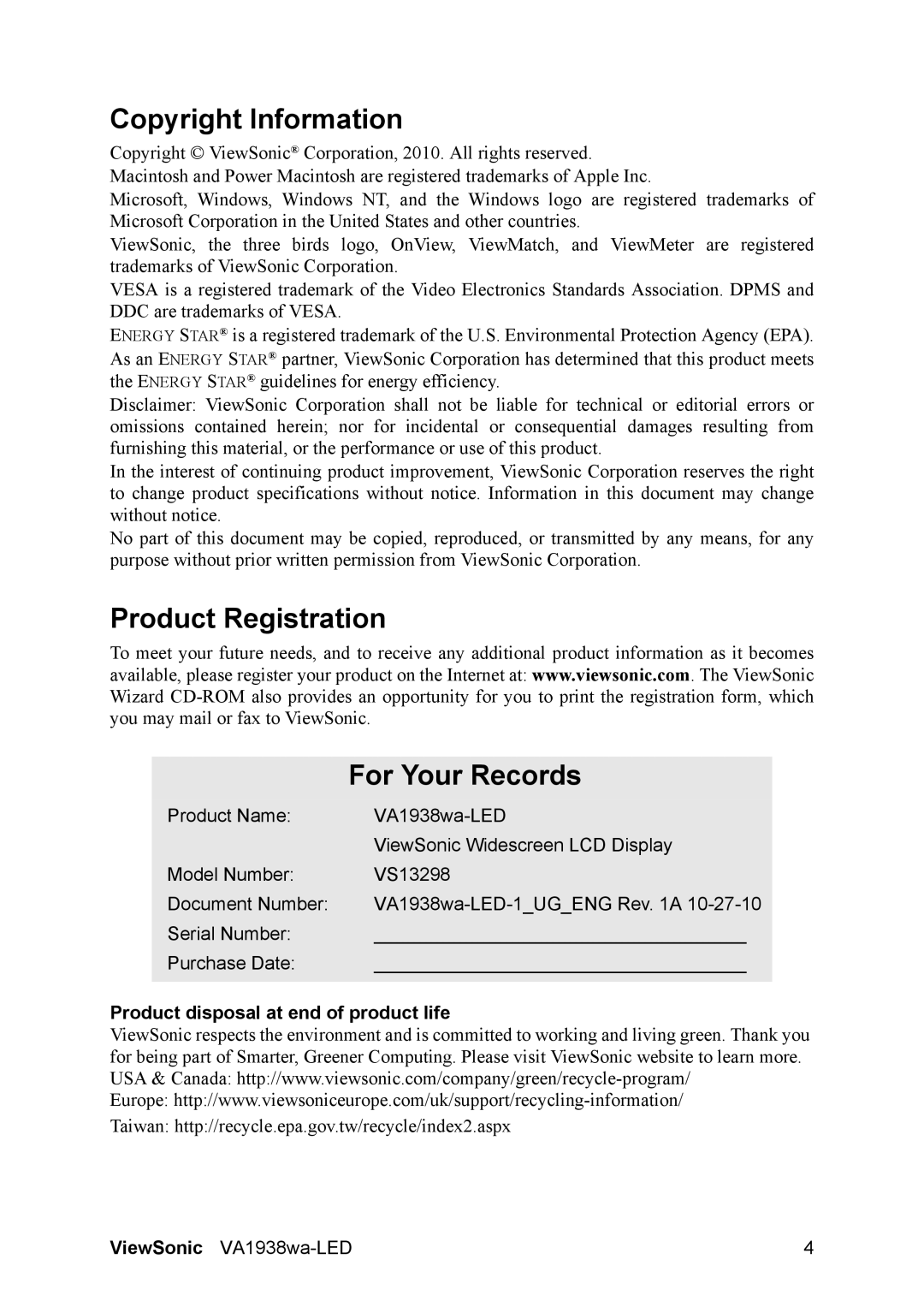 ViewSonic VA1938WA-LED warranty Copyright Information, Product Registration For Your Records 