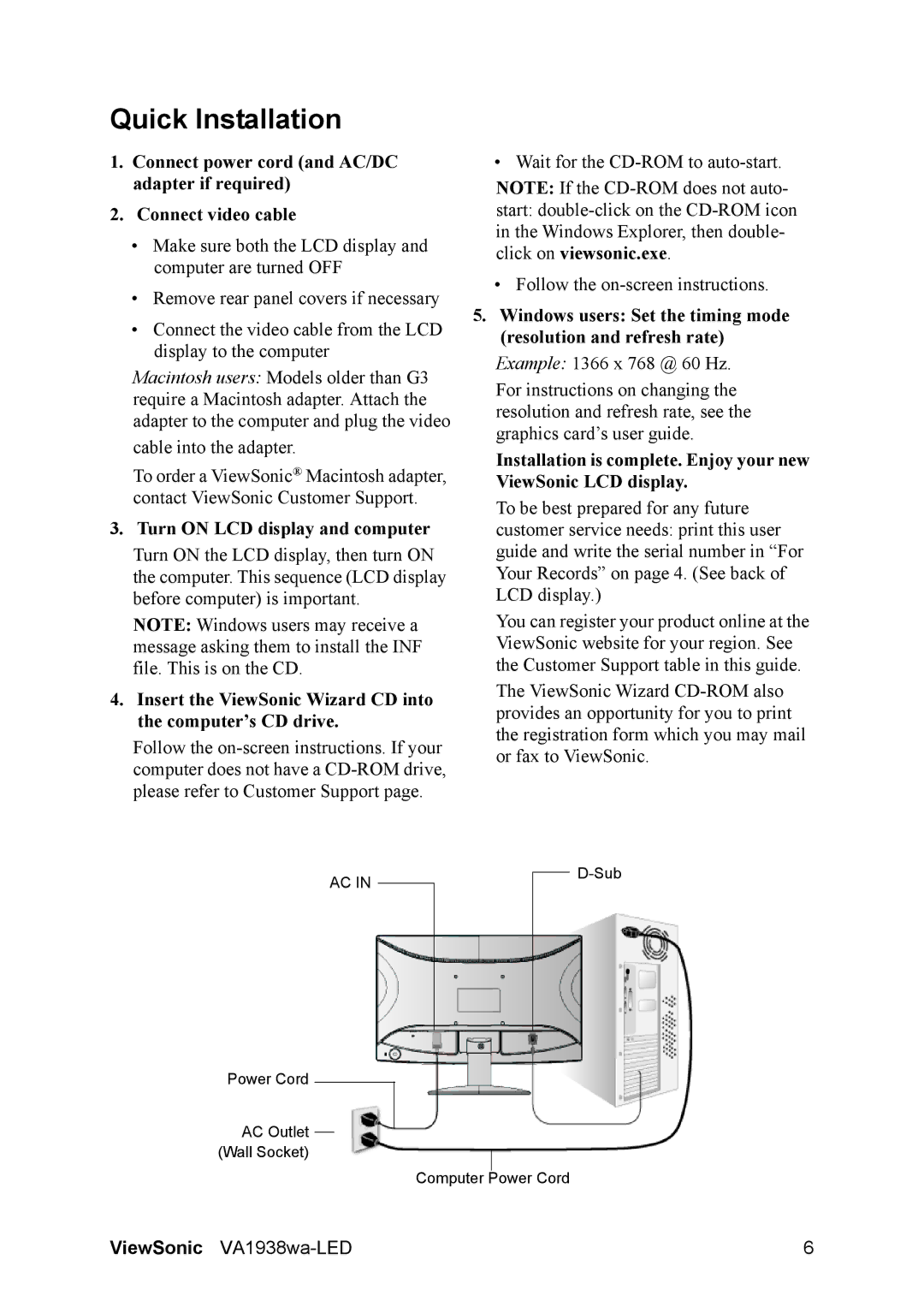 ViewSonic VA1938WA-LED warranty Quick Installation, Turn on LCD display and computer 