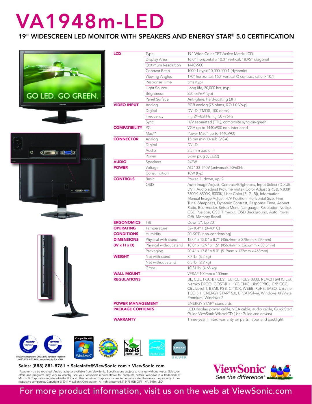 ViewSonic VA1948m-LED Lcd, Video Input, Compatibility, Connector, Audio, Power, Controls, Ergonomics, Operating, Weight 