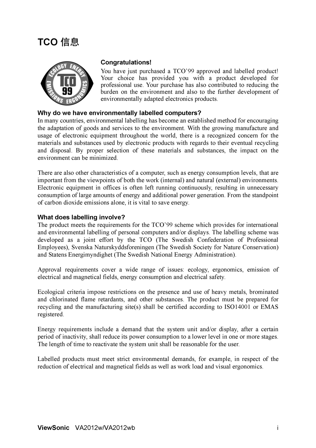 ViewSonic VA2012WB manual Congratulations, Why do we have environmentally labelled computers?, What does labelling involve? 