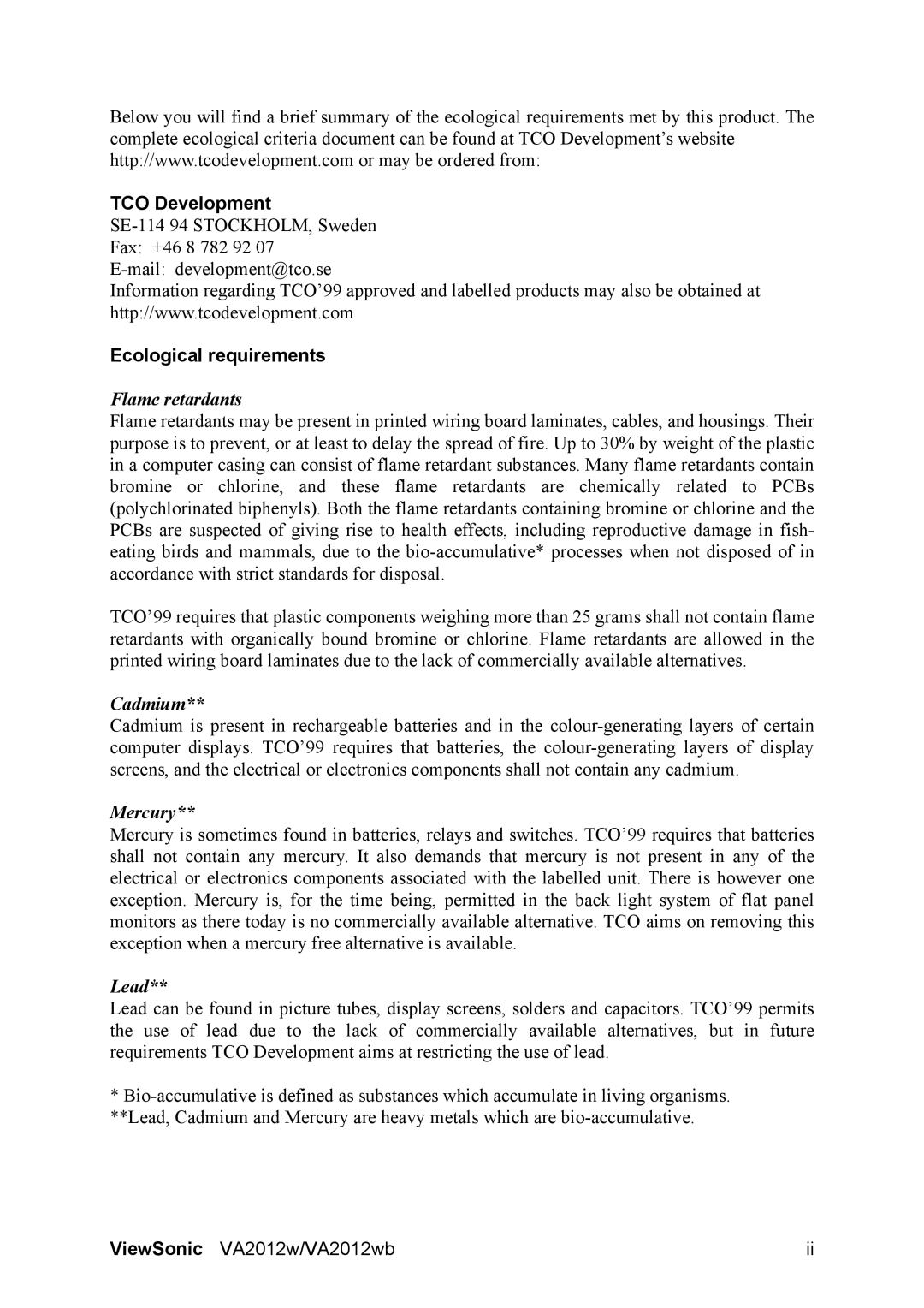 ViewSonic VA2012WB manual TCO Development, Ecological requirements 
