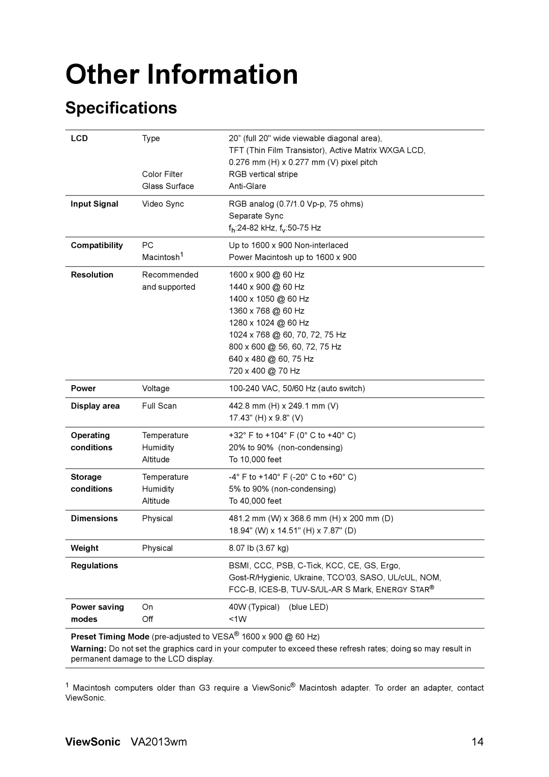 ViewSonic VS12508, VA2013WM warranty Other Information, Specifications 