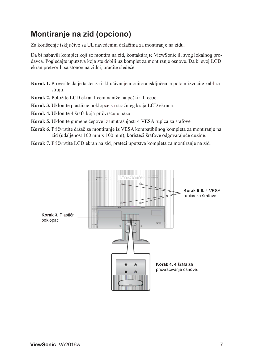 ViewSonic VA2016W manual Montiranje na zid opciono 