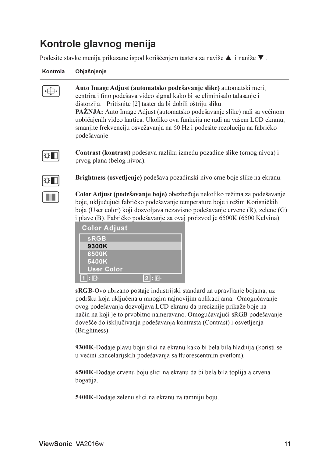 ViewSonic VA2016W manual Kontrole glavnog menija 