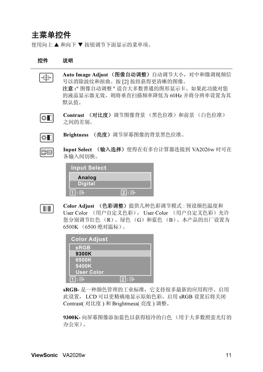 ViewSonic VA2026W manual 主菜单控件, Contrast 对比度 和 Brightmess 亮度 调整。, 控件 说明 