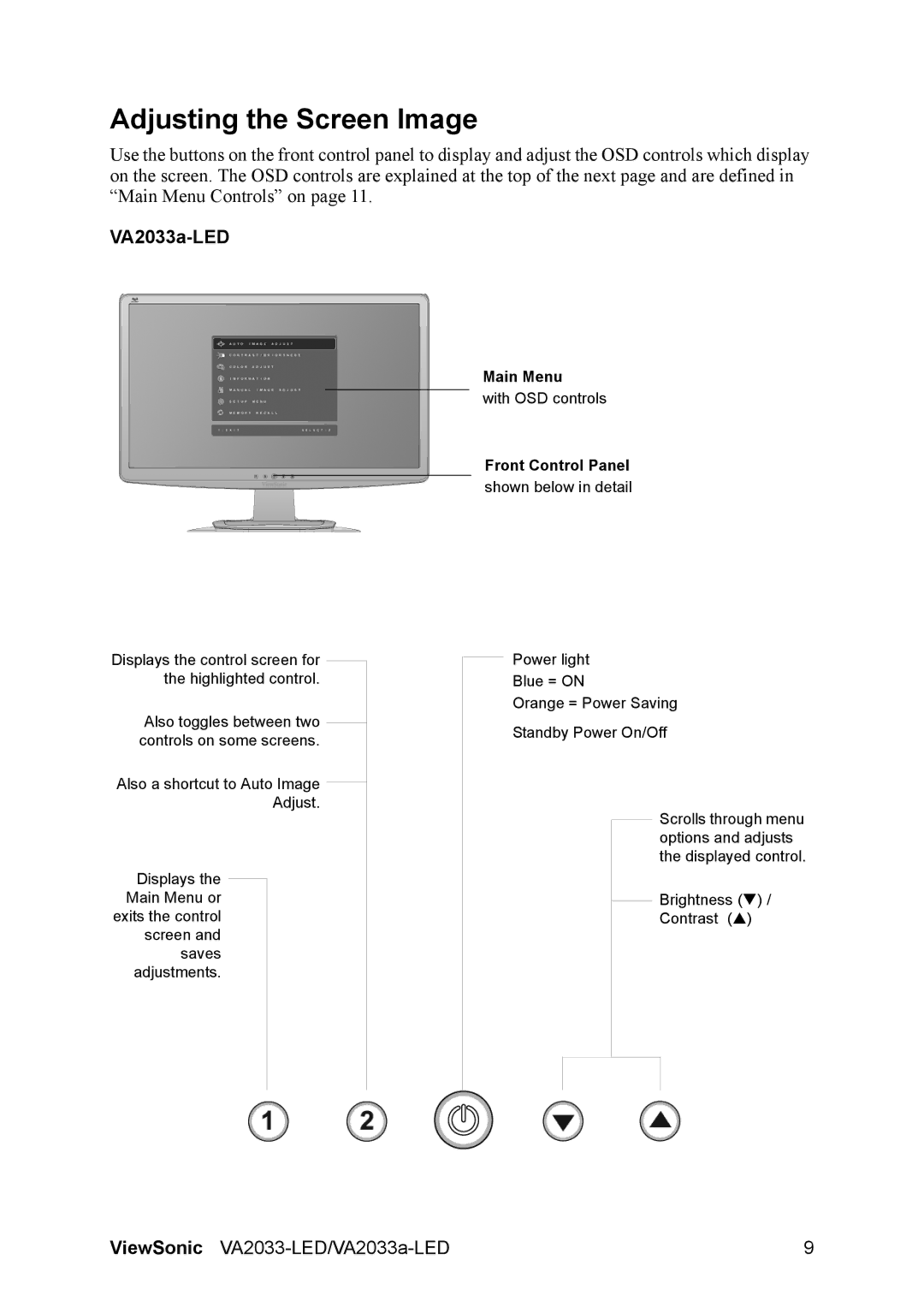 ViewSonic VA2033A-LED, VA2033-LED warranty Adjusting the Screen Image, VA2033a-LED 