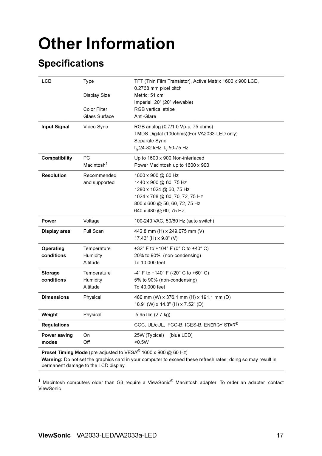 ViewSonic VA2033A-LED, VA2033-LED warranty Other Information, Specifications 