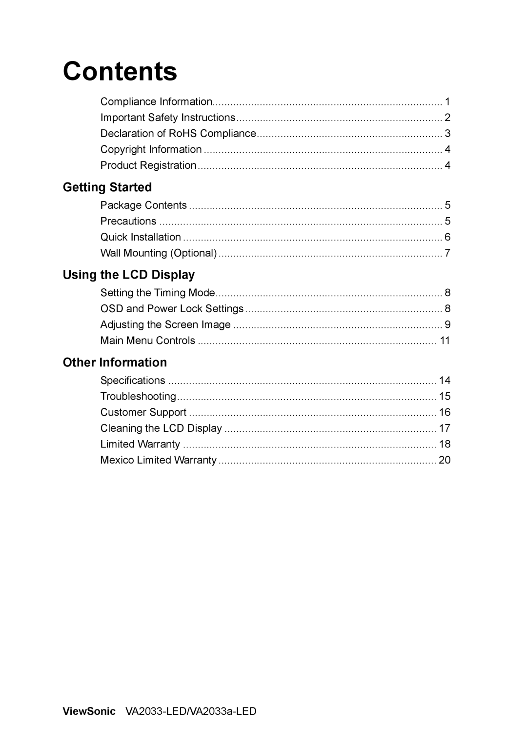 ViewSonic VA2033-LED, VA2033A-LED warranty Contents 