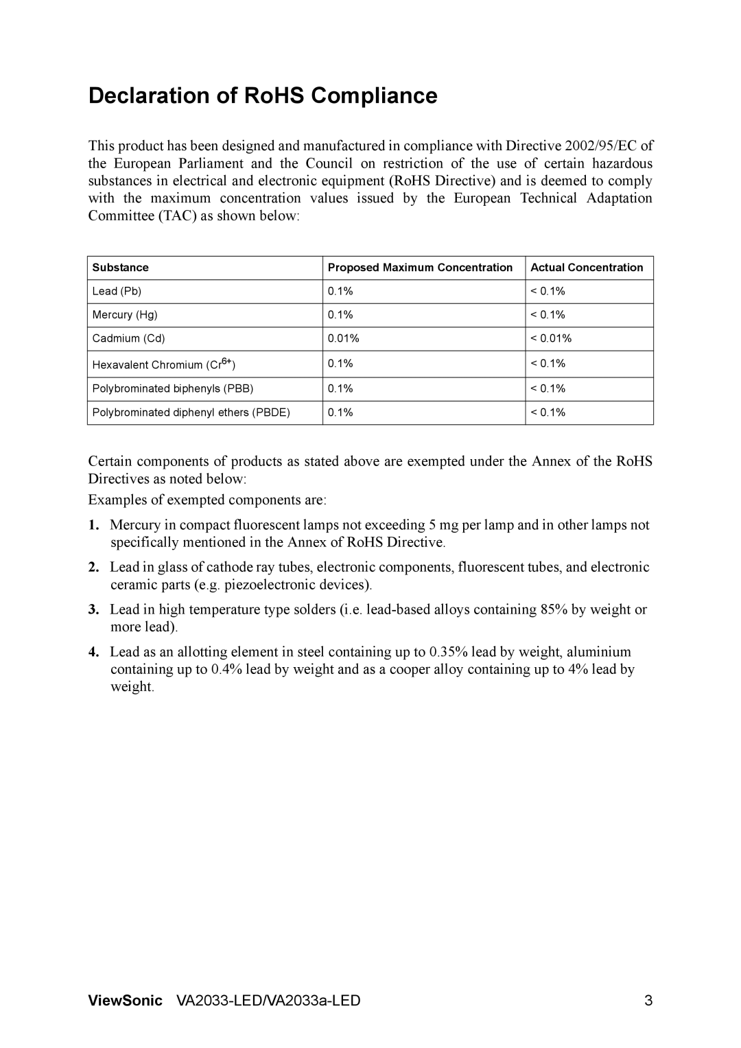 ViewSonic VA2033A-LED, VA2033-LED warranty Declaration of RoHS Compliance 