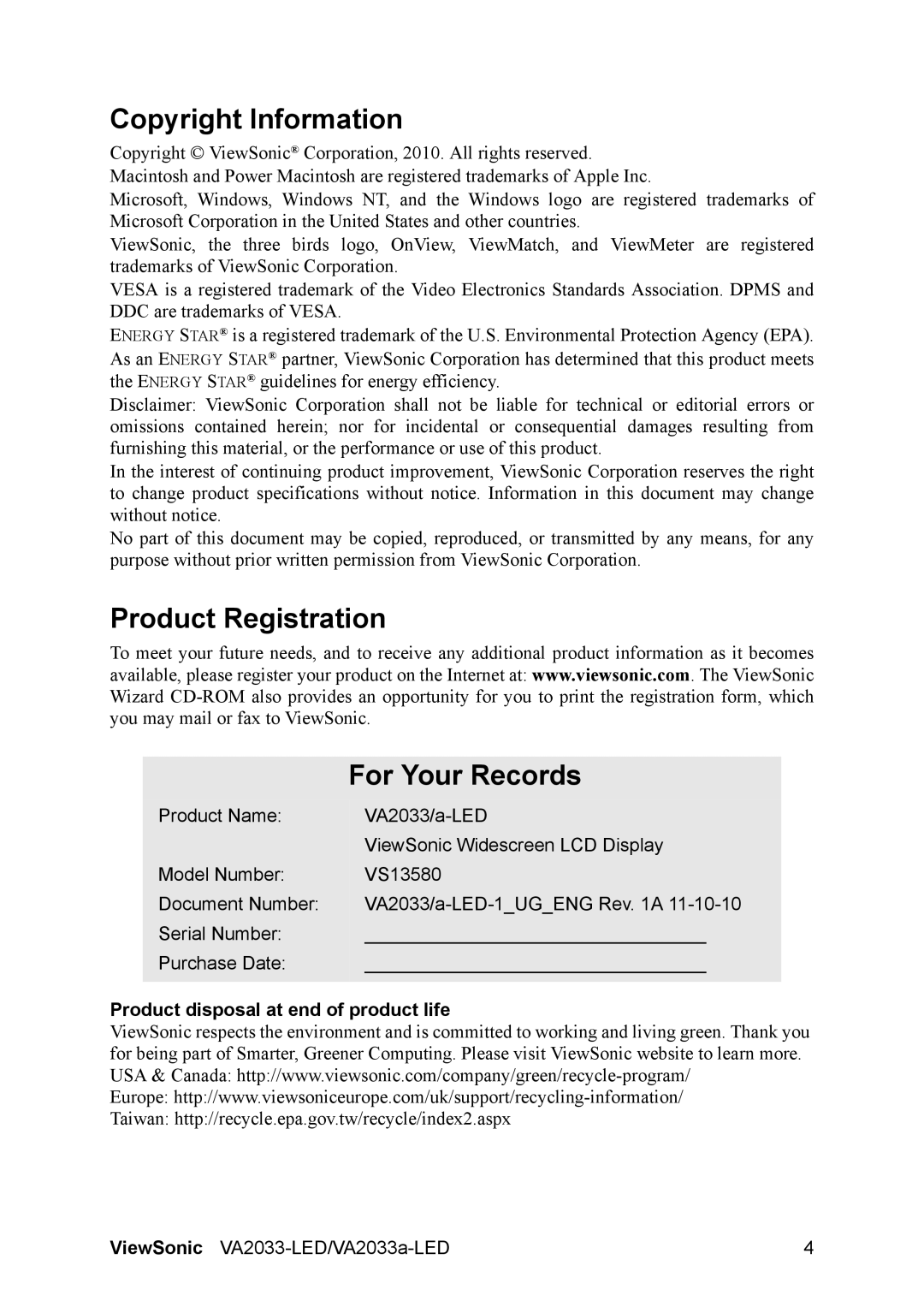 ViewSonic VA2033-LED Copyright Information, Product Registration For Your Records, Product disposal at end of product life 