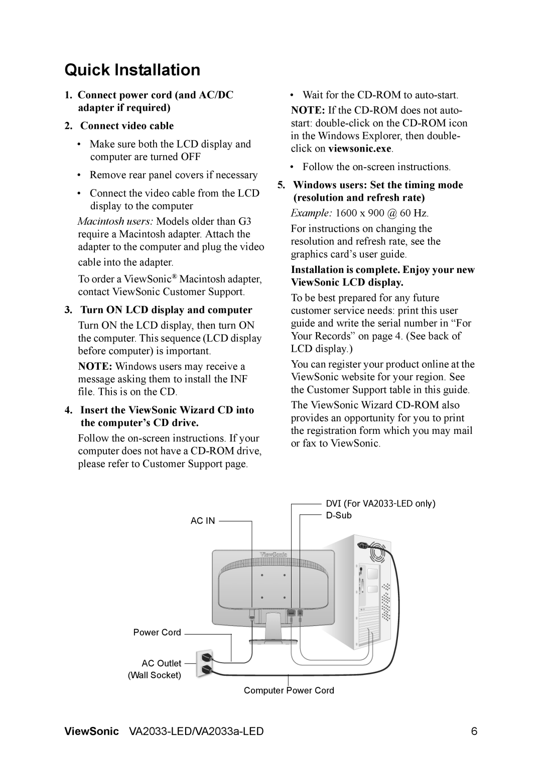 ViewSonic VA2033-LED, VA2033A-LED warranty Quick Installation, Turn on LCD display and computer 