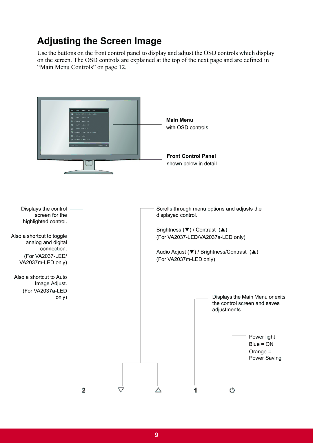 ViewSonic VA2037m-LED warranty Adjusting the Screen Image, Front Control Panel 