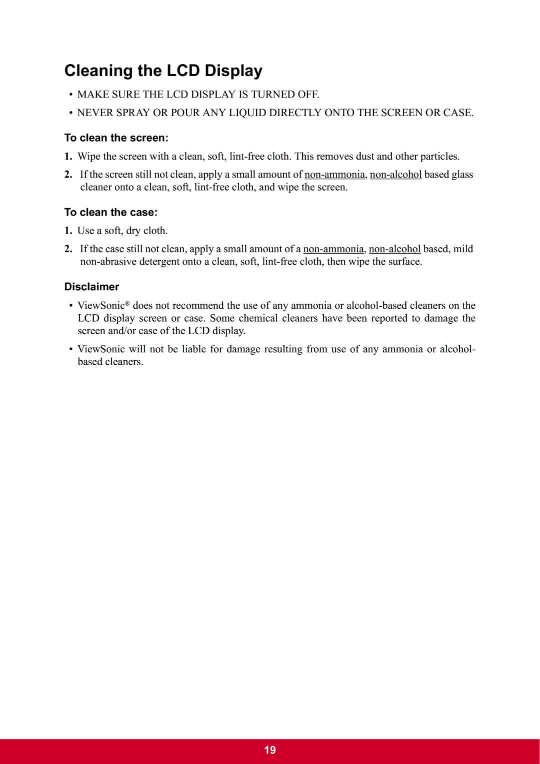 ViewSonic VA2037m-LED warranty Cleaning the LCD Display, To clean the screen, To clean the case, Disclaimer 