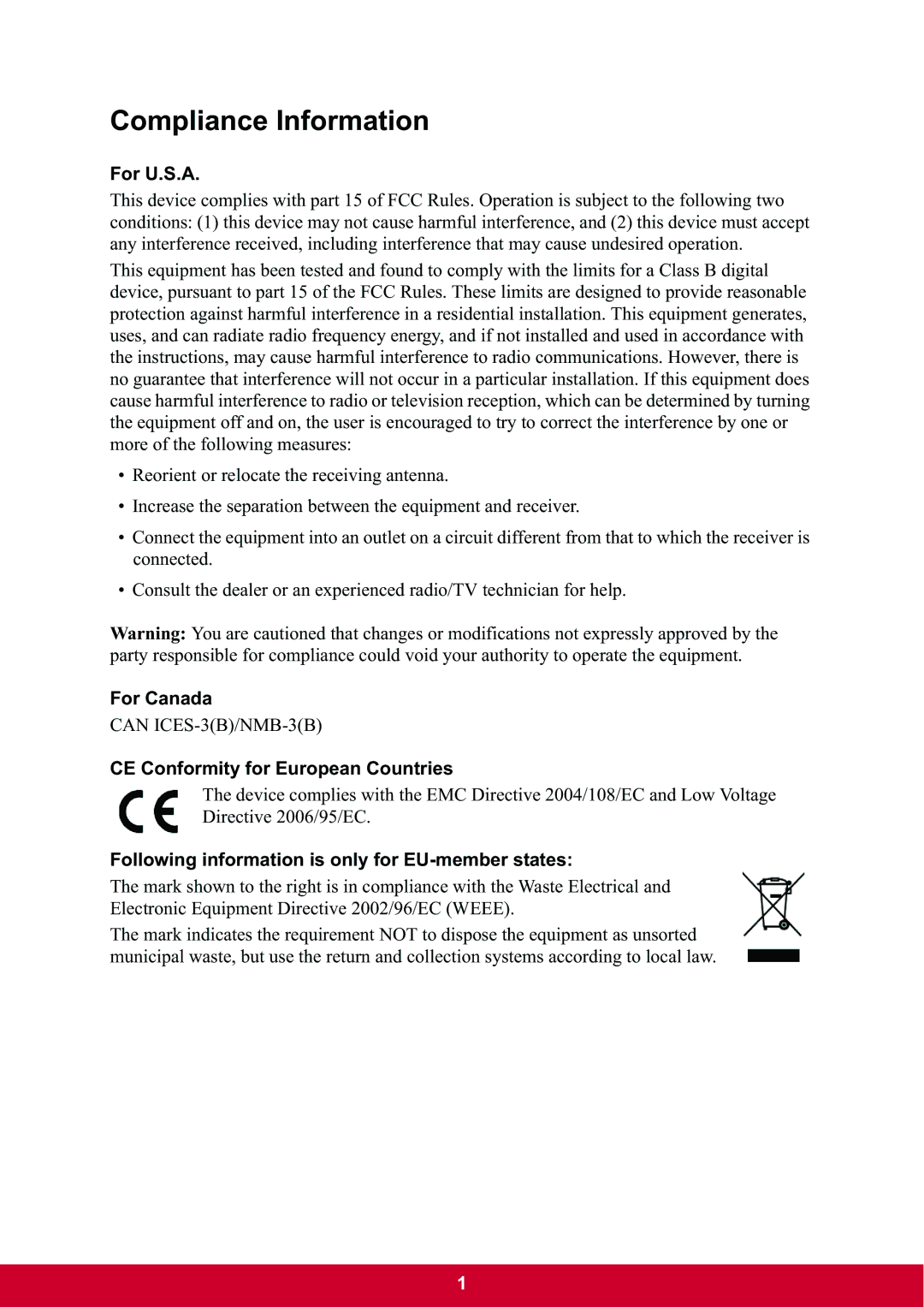 ViewSonic VA2037m-LED warranty Compliance Information, For U.S.A, For Canada, CE Conformity for European Countries 