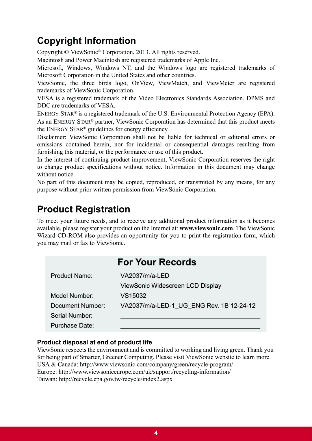 ViewSonic VA2037m-LED warranty Copyright Information, Product Registration For Your Records 