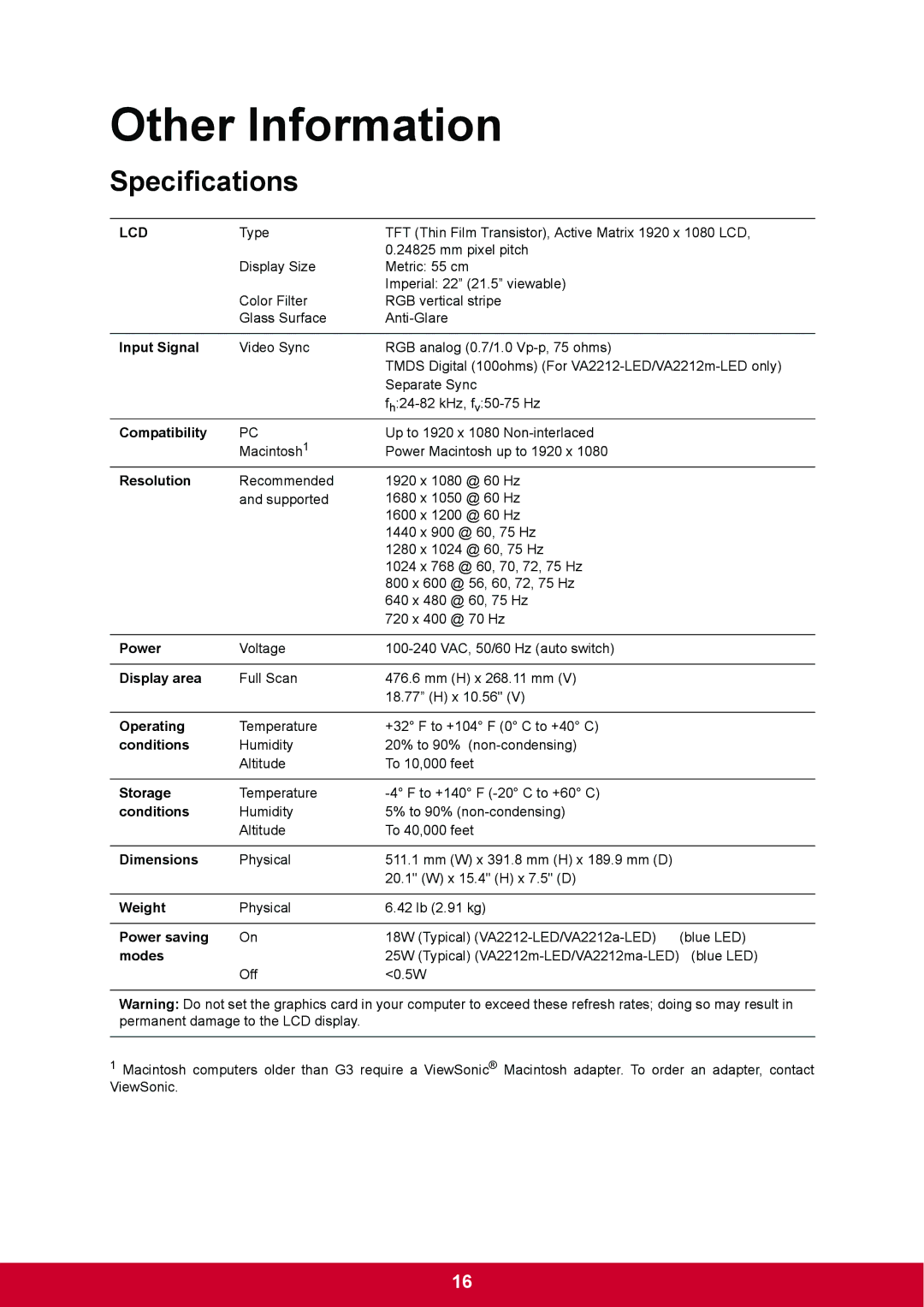 ViewSonic VA2212mLED, VA2212m-LED warranty Other Information, Specifications 