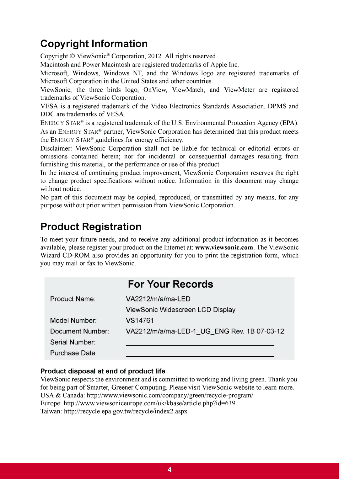 ViewSonic VA2212mLED Copyright Information, Product Registration For Your Records, Product disposal at end of product life 