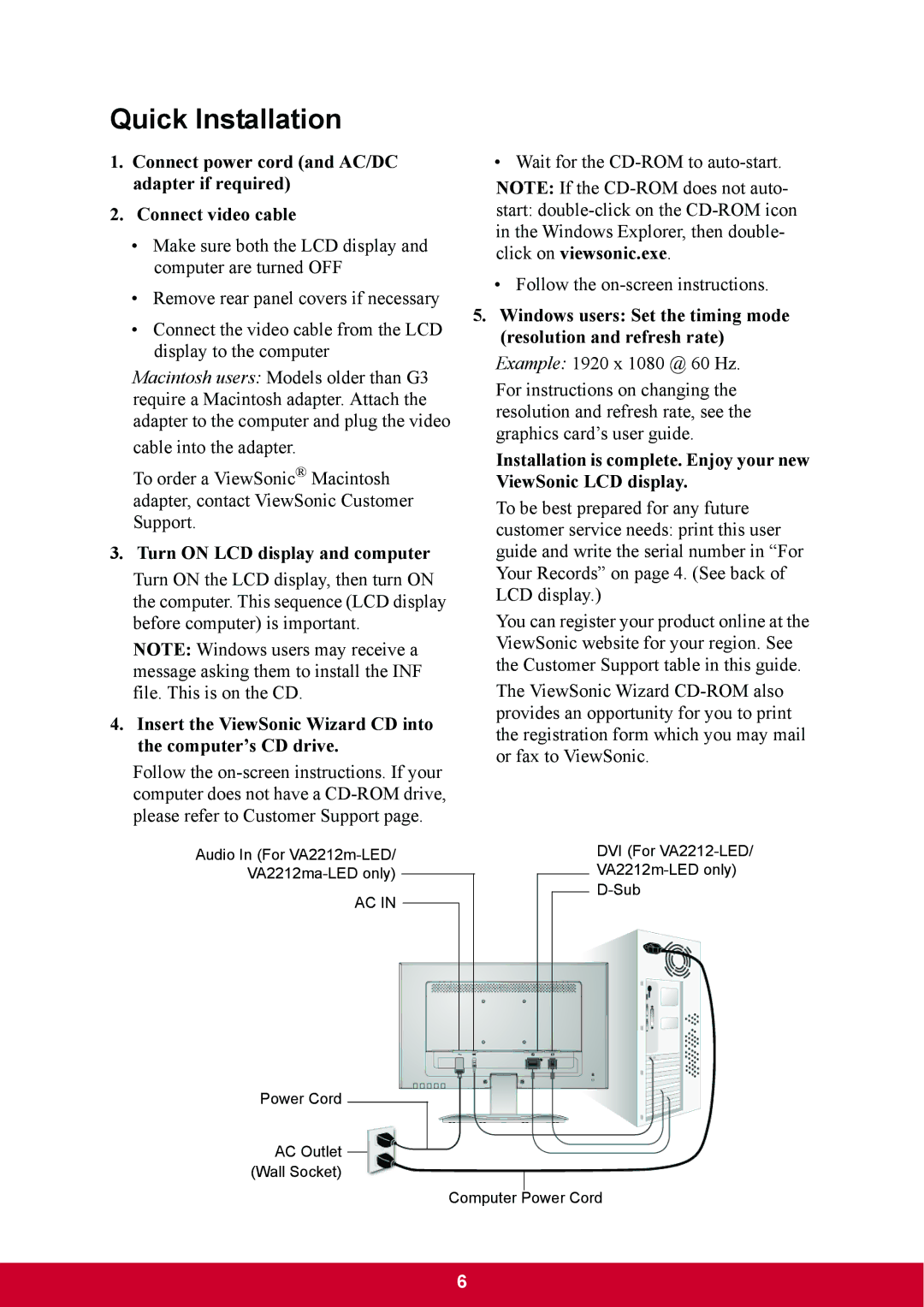 ViewSonic VA2212mLED, VA2212m-LED warranty Quick Installation, Turn on LCD display and computer 