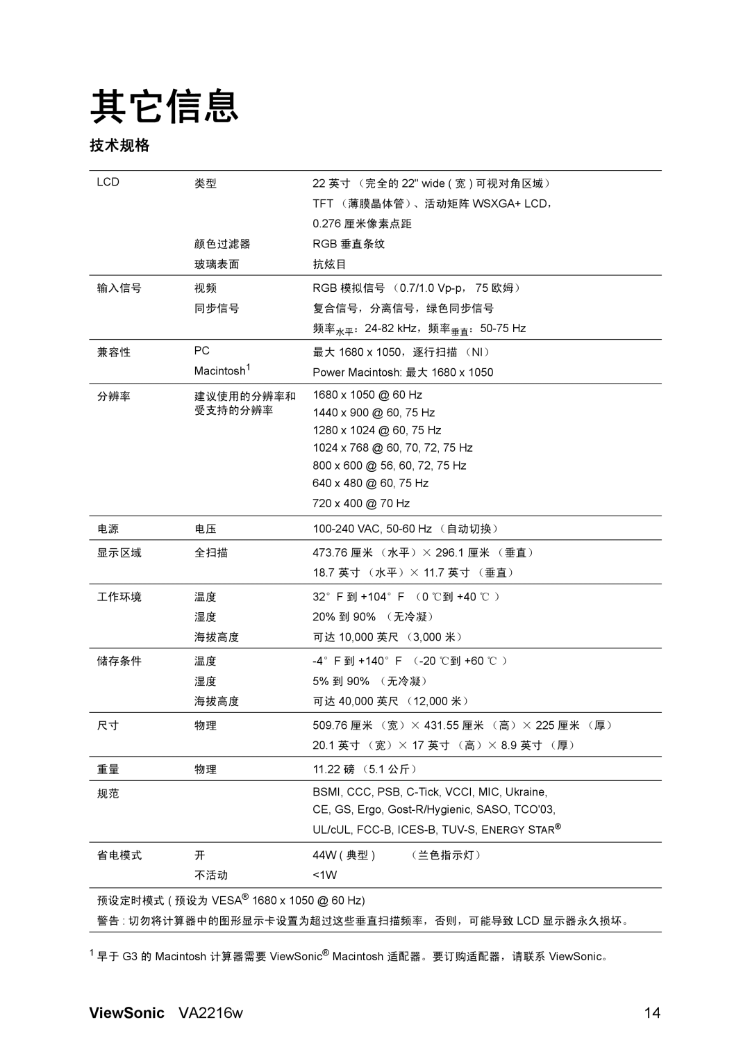 ViewSonic VA2216w manual 其它信息, 技术规格 