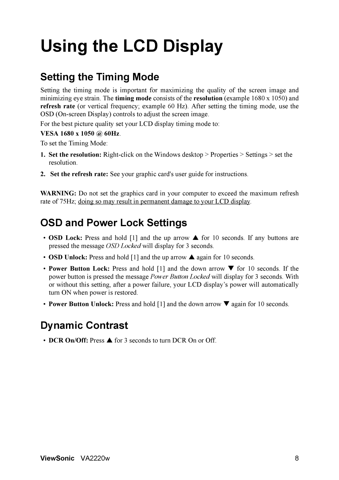 ViewSonic VA2220W warranty Setting the Timing Mode, OSD and Power Lock Settings, Dynamic Contrast 