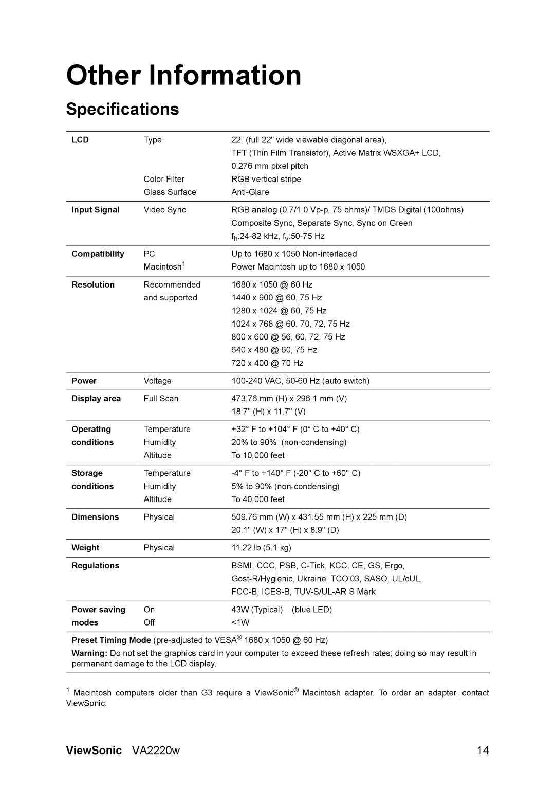 ViewSonic VA2220W warranty Other Information, Specifications 