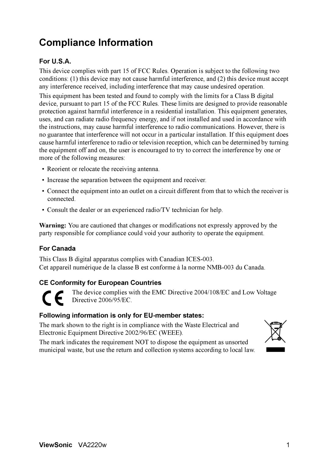 ViewSonic VA2220W warranty Compliance Information, For U.S.A, For Canada, CE Conformity for European Countries 