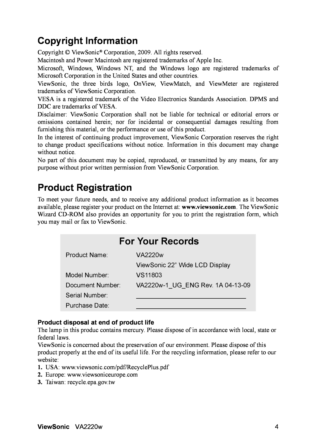 ViewSonic VA2220W Copyright Information, Product Registration, For Your Records, Product disposal at end of product life 