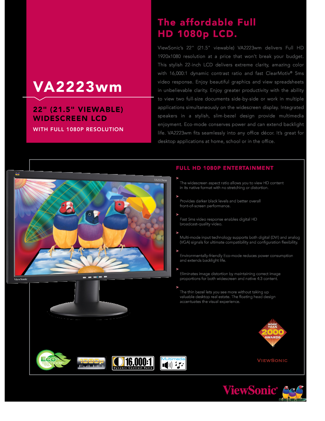ViewSonic VA2223WM manual VA2223wm, 16,0001, The affordable Full HD 1080p LCD, 22 21.5 VIEWABLE WIDESCREEN LCD 