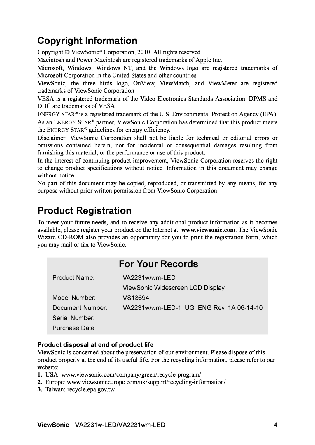 ViewSonic VA2231wm-LED, VA2231w-LED warranty Copyright Information, Product Registration, For Your Records 