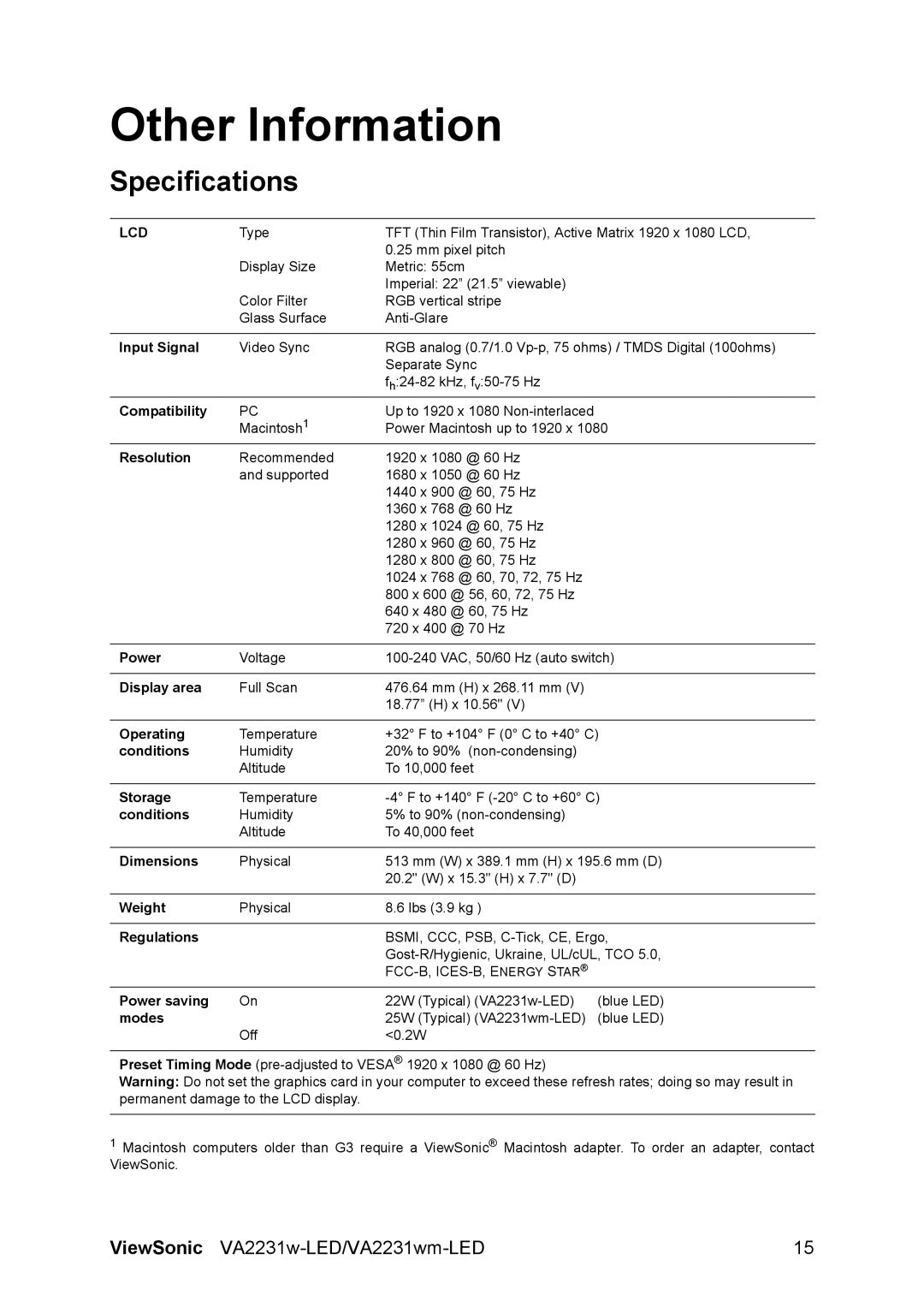 ViewSonic VA2231w-LED, VA2231wm-LED warranty Other Information, Specifications 