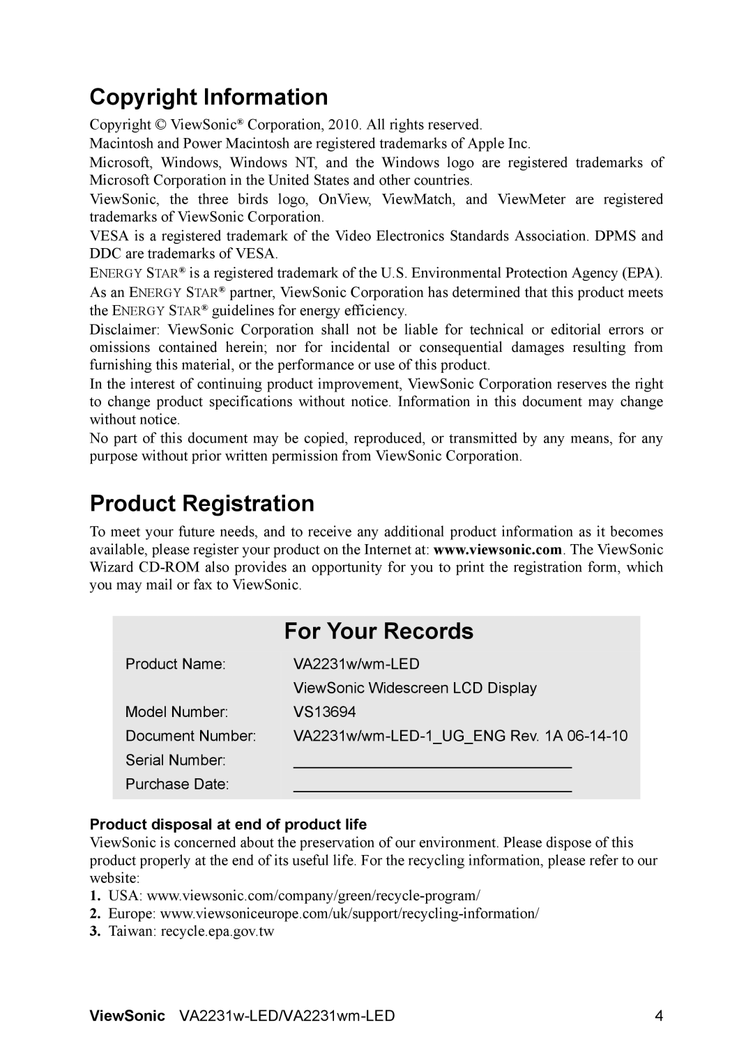 ViewSonic VA2231wm-LED, VA2231w-LED warranty Copyright Information, Product Registration For Your Records 