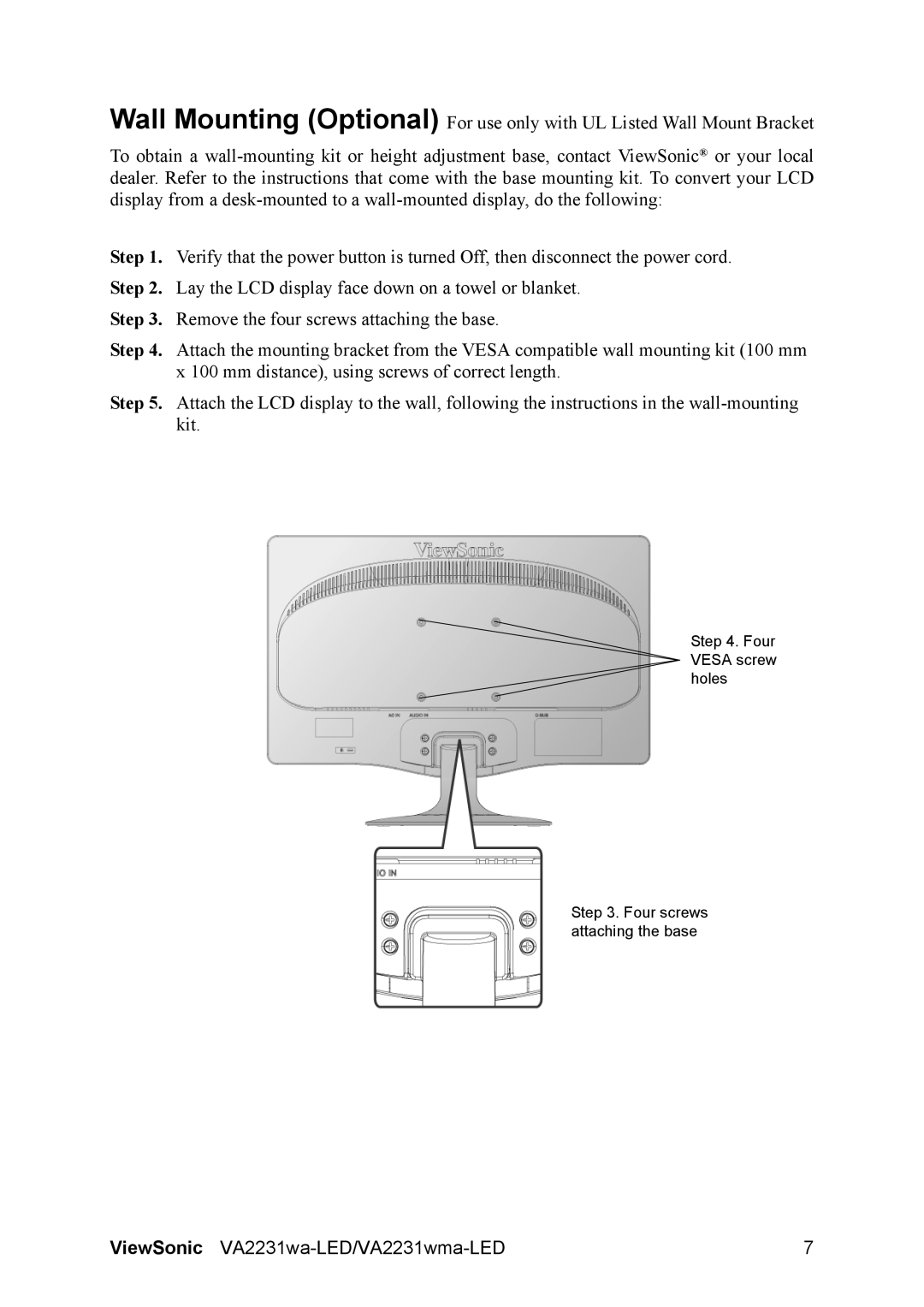 ViewSonic VA2231WMA-LED, VA2231WA-LED, VS13694 warranty Four Vesa screw holes Four screws attaching the base 