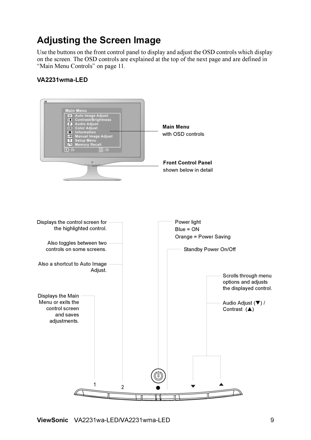 ViewSonic VA2231WA-LED, VA2231WMA-LED, VS13694 warranty Adjusting the Screen Image, VA2231wma-LED 