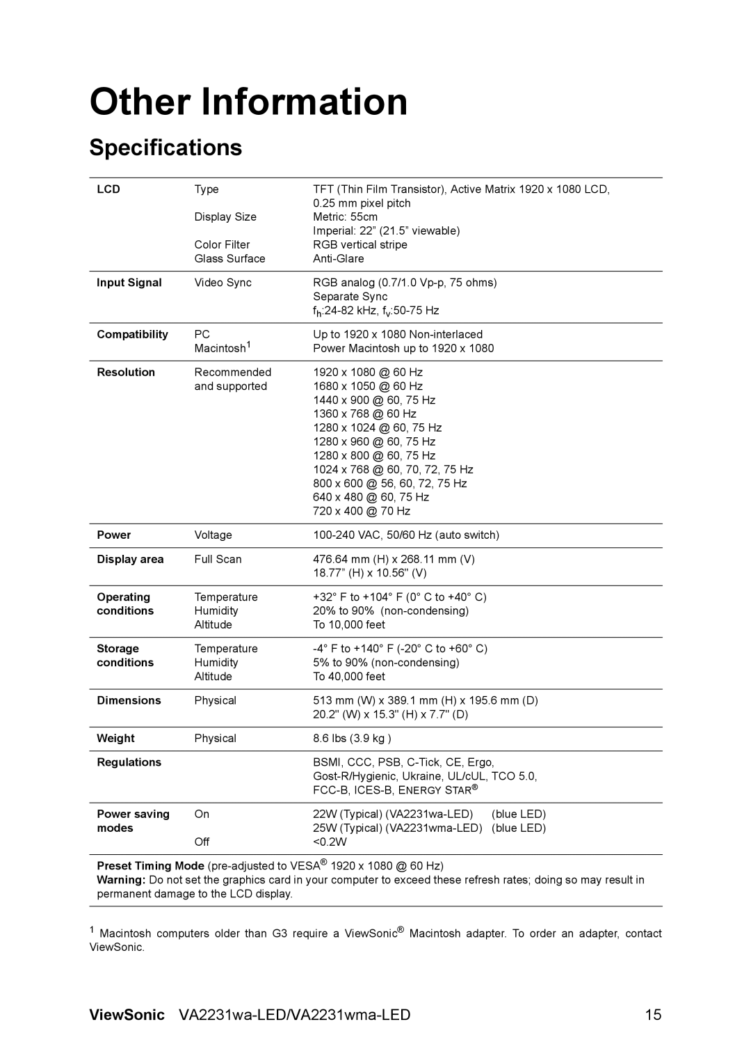 ViewSonic VA2231WA-LED, VA2231WMA-LED, VS13694 warranty Other Information, Specifications 