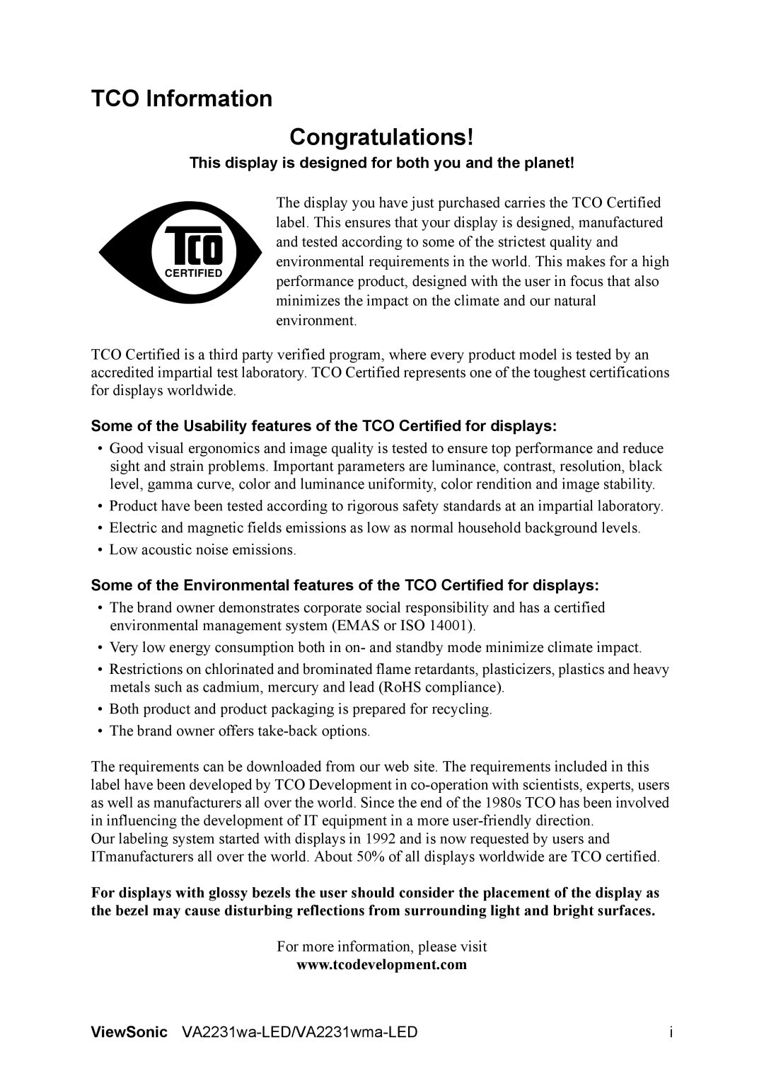 ViewSonic VS13694, VA2231WA-LED TCO Information Congratulations, This display is designed for both you and the planet 