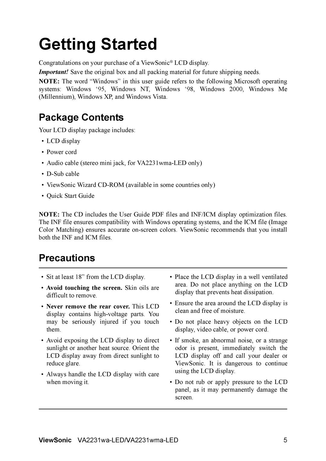 ViewSonic VS13694, VA2231WA-LED, VA2231WMA-LED warranty Package Contents, Precautions 